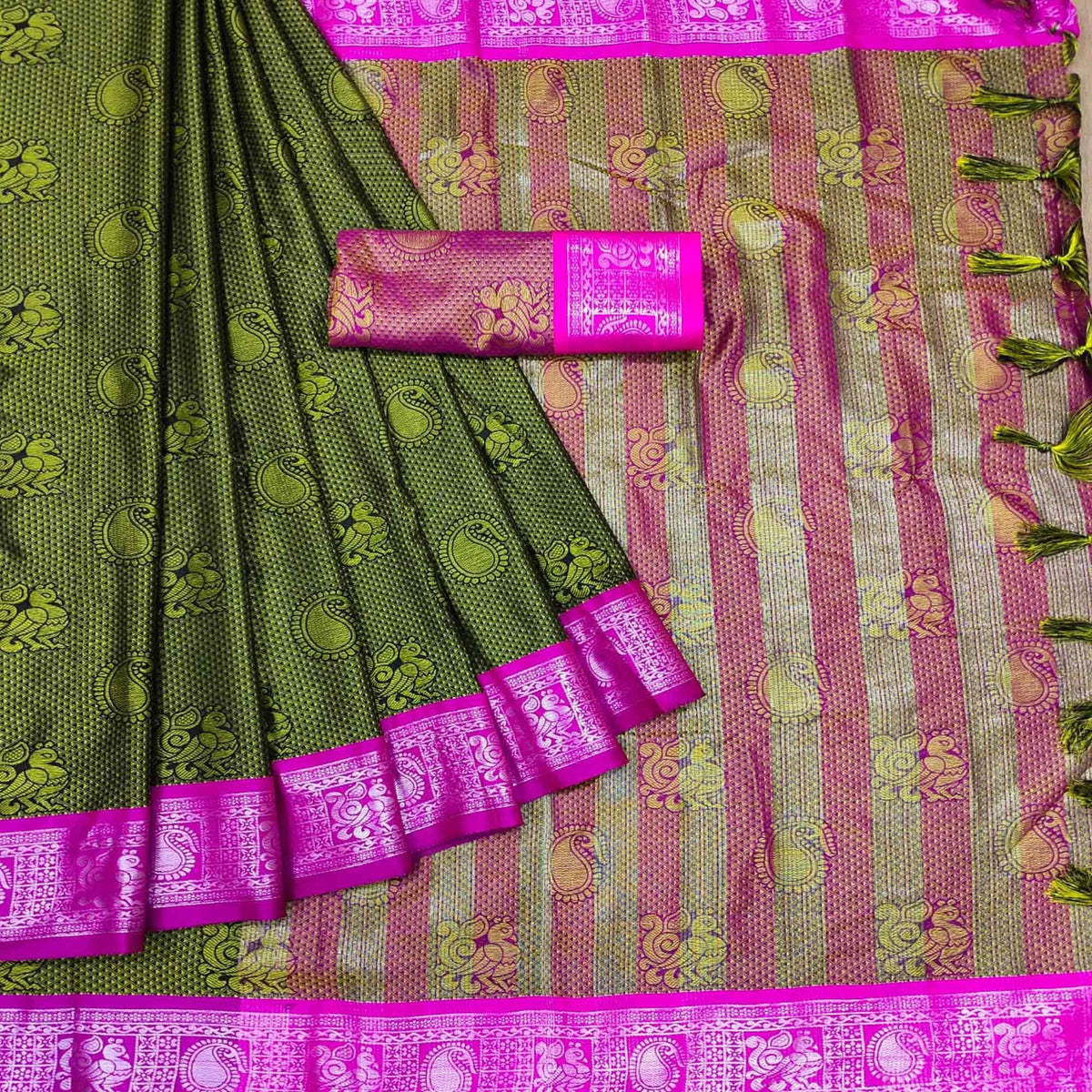 Green Festive Wear Woven Cotton Silk Saree - Image 3