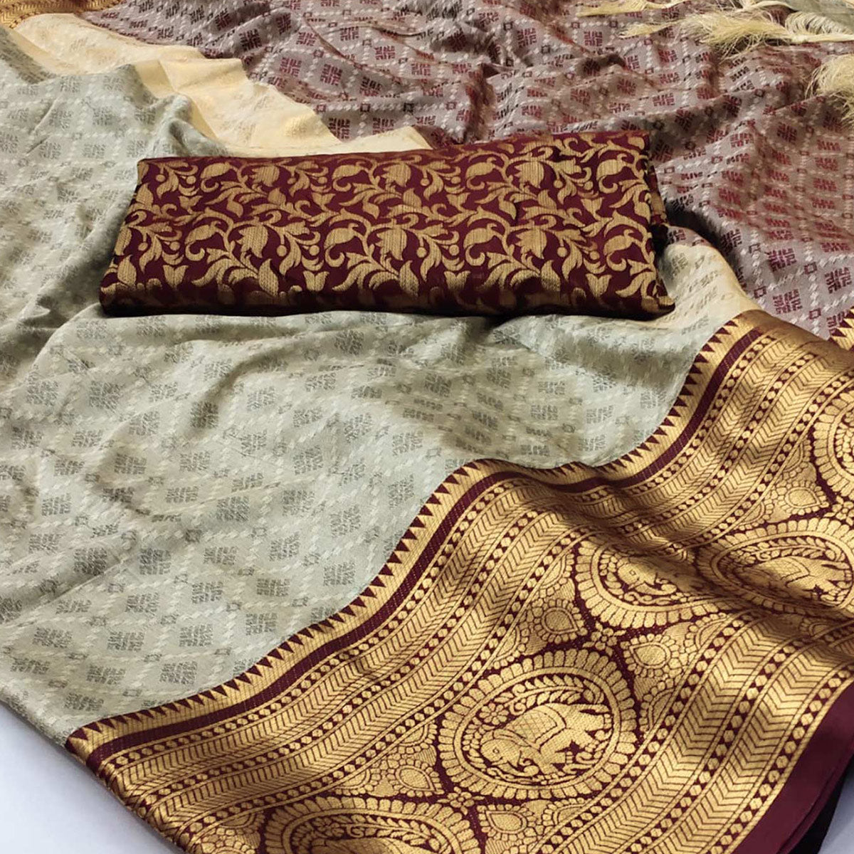 Chikoo Woven Cotton Silk Saree With Tassels - Image 2