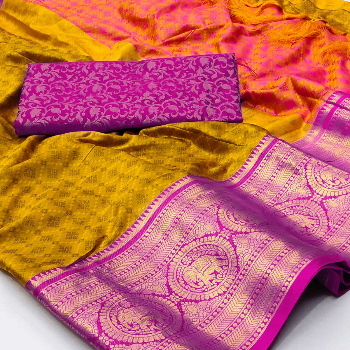 Golden Woven Cotton Silk Saree With Tassels - Image 2