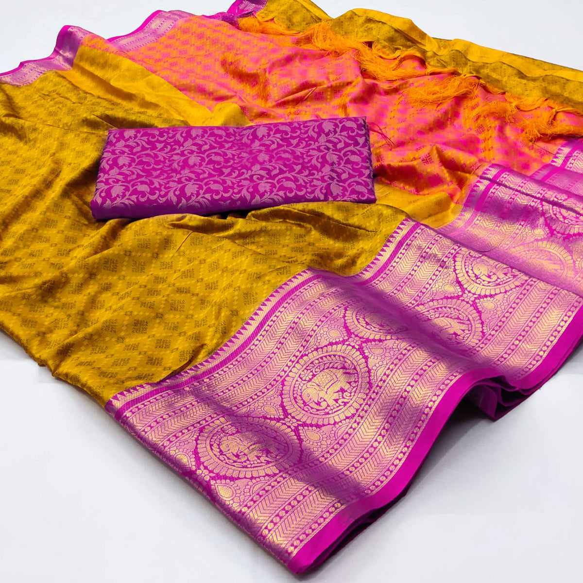 Golden Woven Cotton Silk Saree With Tassels - Image 3