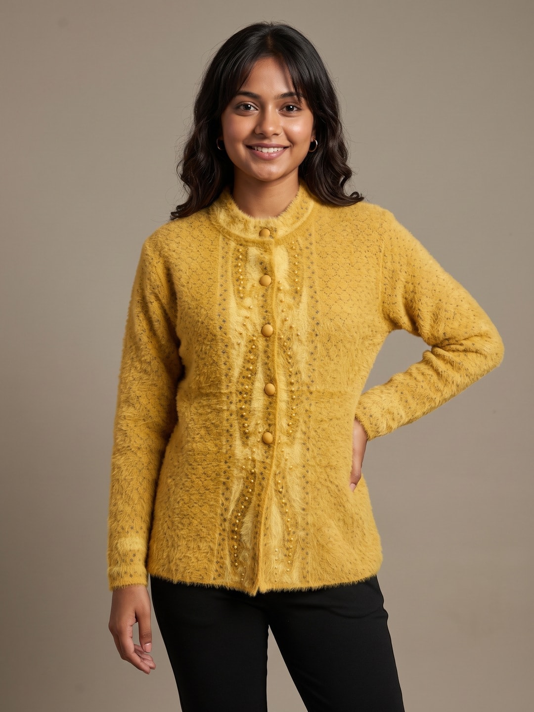 Peachmode Yellow Woolen Cardigan - Image 1