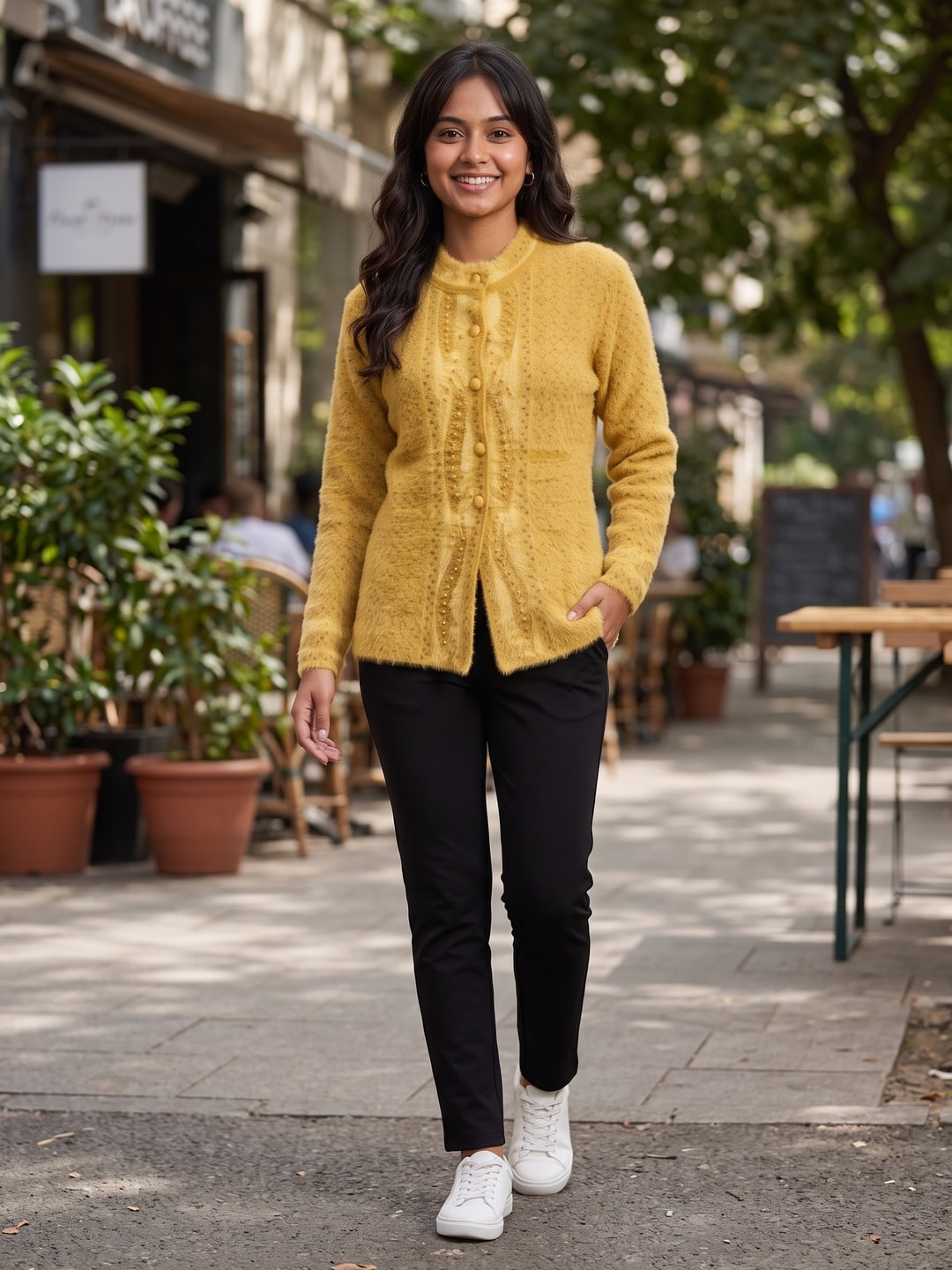Peachmode Yellow Woolen Cardigan - Image 2