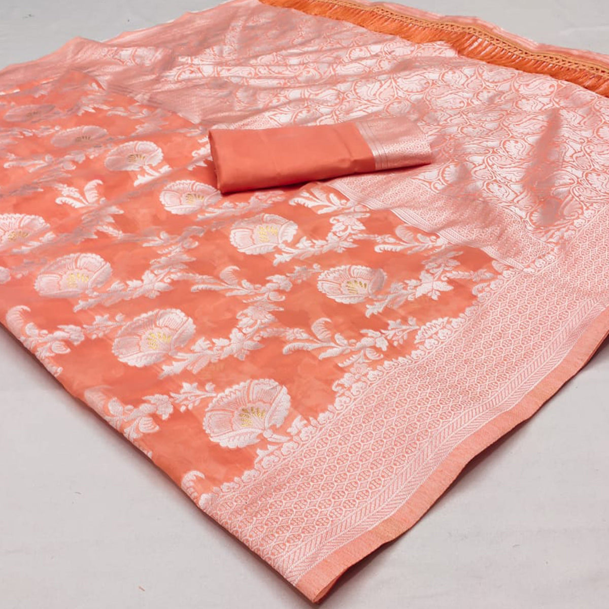 Peach Woven Cotton Blend Saree With Tassels - Image 1