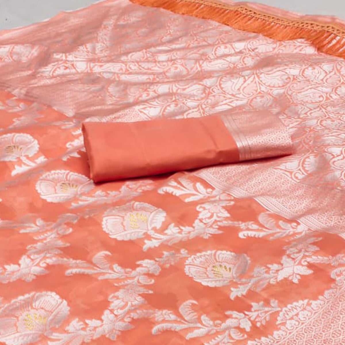 Peach Woven Cotton Blend Saree With Tassels - Image 2