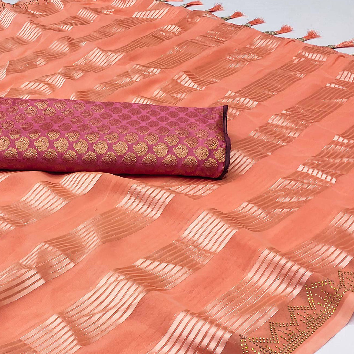 Peach Striped With Stone Work Georgette Saree - Image 1