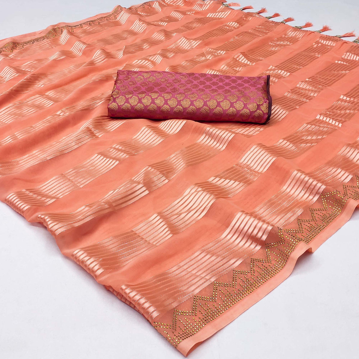 Peach Striped With Stone Work Georgette Saree - Image 2