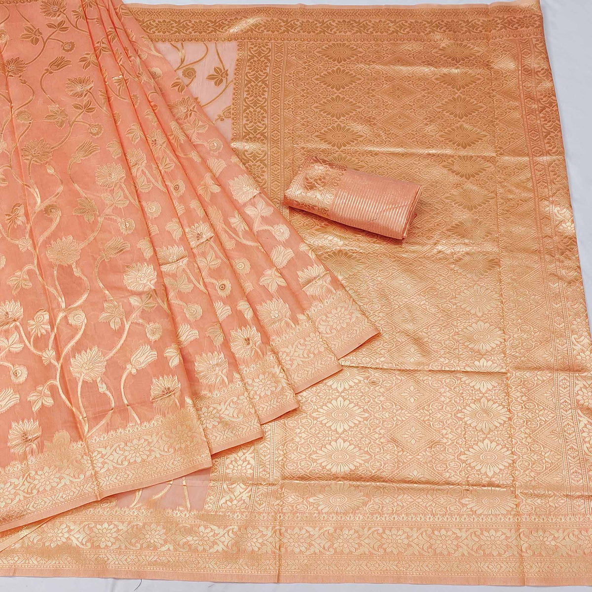 Peach Woven Jacquard Saree - Image 2