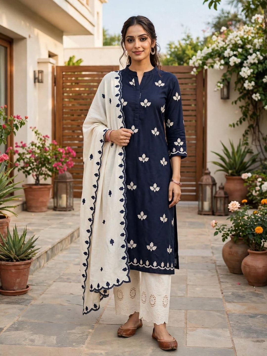 Peachmode Navy Blue Poly Rayon Unstitched Dress Material With Leaf Buti Embroidery And Schiffli Cambric Cotton Bottom And Dupatta - Image 2