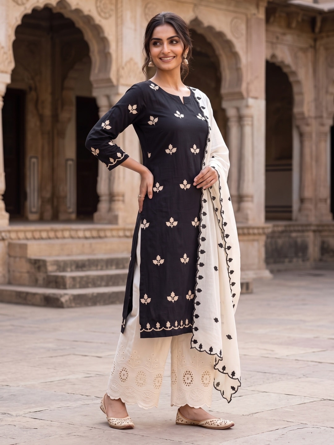 Peachmode Black Poly Rayon Unstitched Dress Material With Leaf Buti Embroidery And Schiffli Cambric Cotton Bottom And Dupatta - Image 3