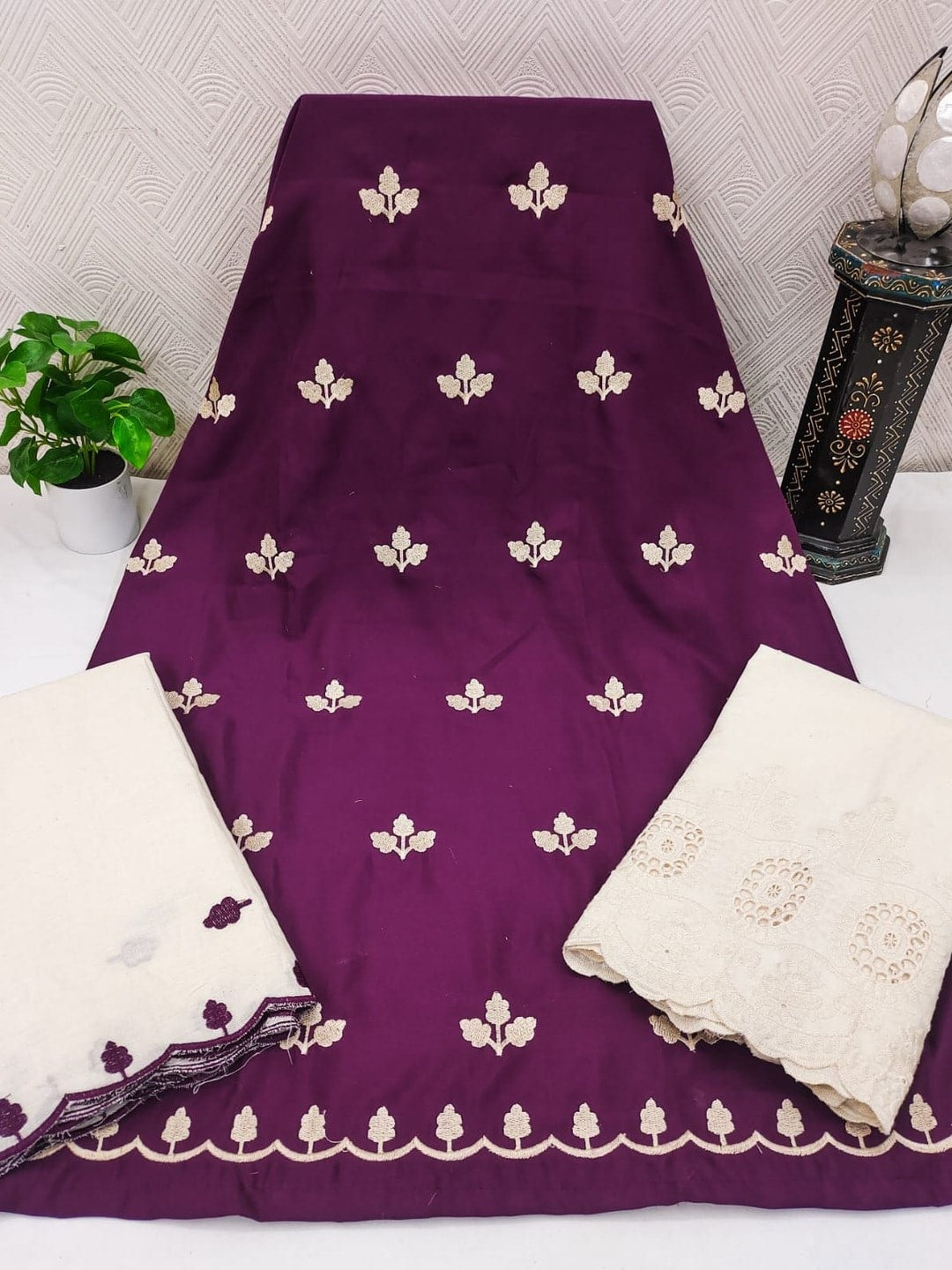 Peachmode Wine Poly Rayon Unstitched Dress Material With Leaf Buti Embroidery And Schiffli Cambric Cotton Bottom And Dupatta - Image 4