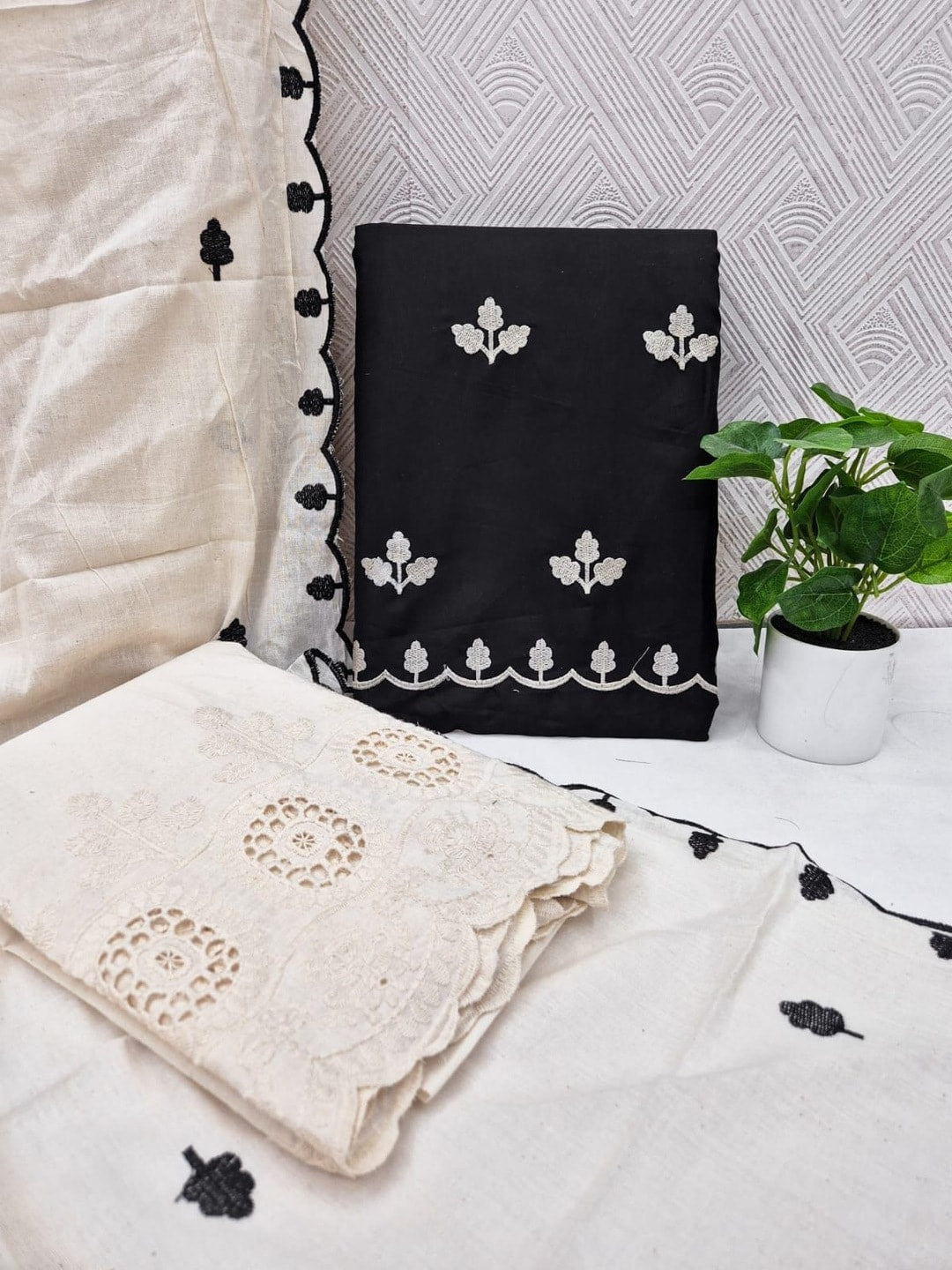 Peachmode Black Poly Rayon Unstitched Dress Material With Leaf Buti Embroidery And Schiffli Cambric Cotton Bottom And Dupatta - Image 5