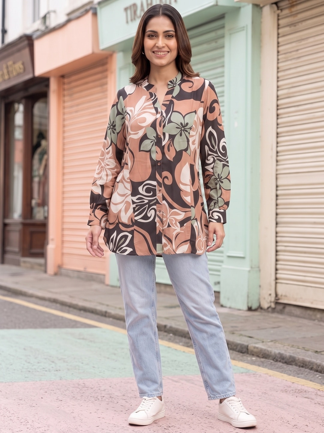 Brown Muslin A-Line Top Featuring Delicate All-Over Floral Prints - Image 2