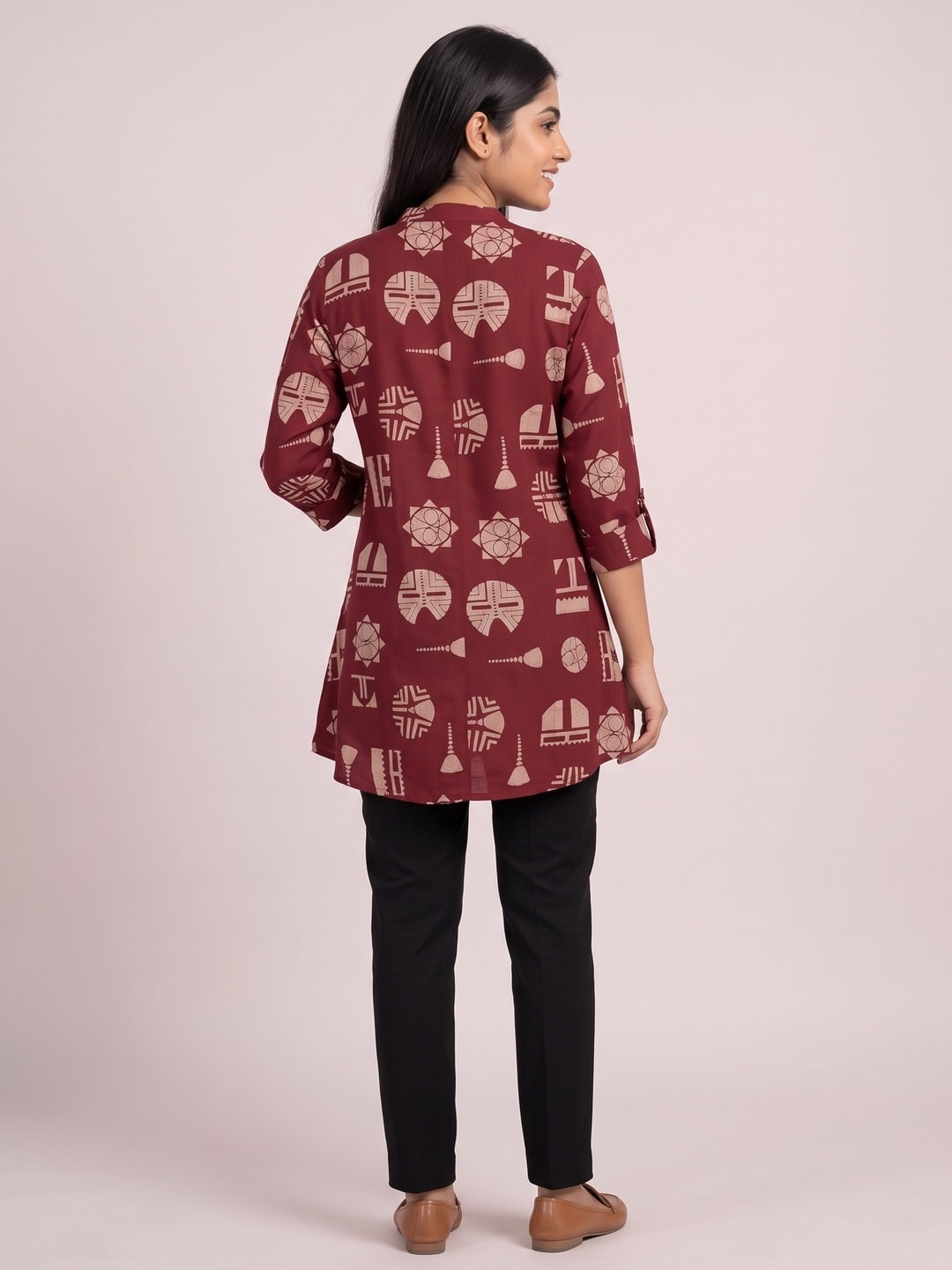 Designer Red Abstract Print Rayon A-Line Top with Modern Ethnic Look - Image 3