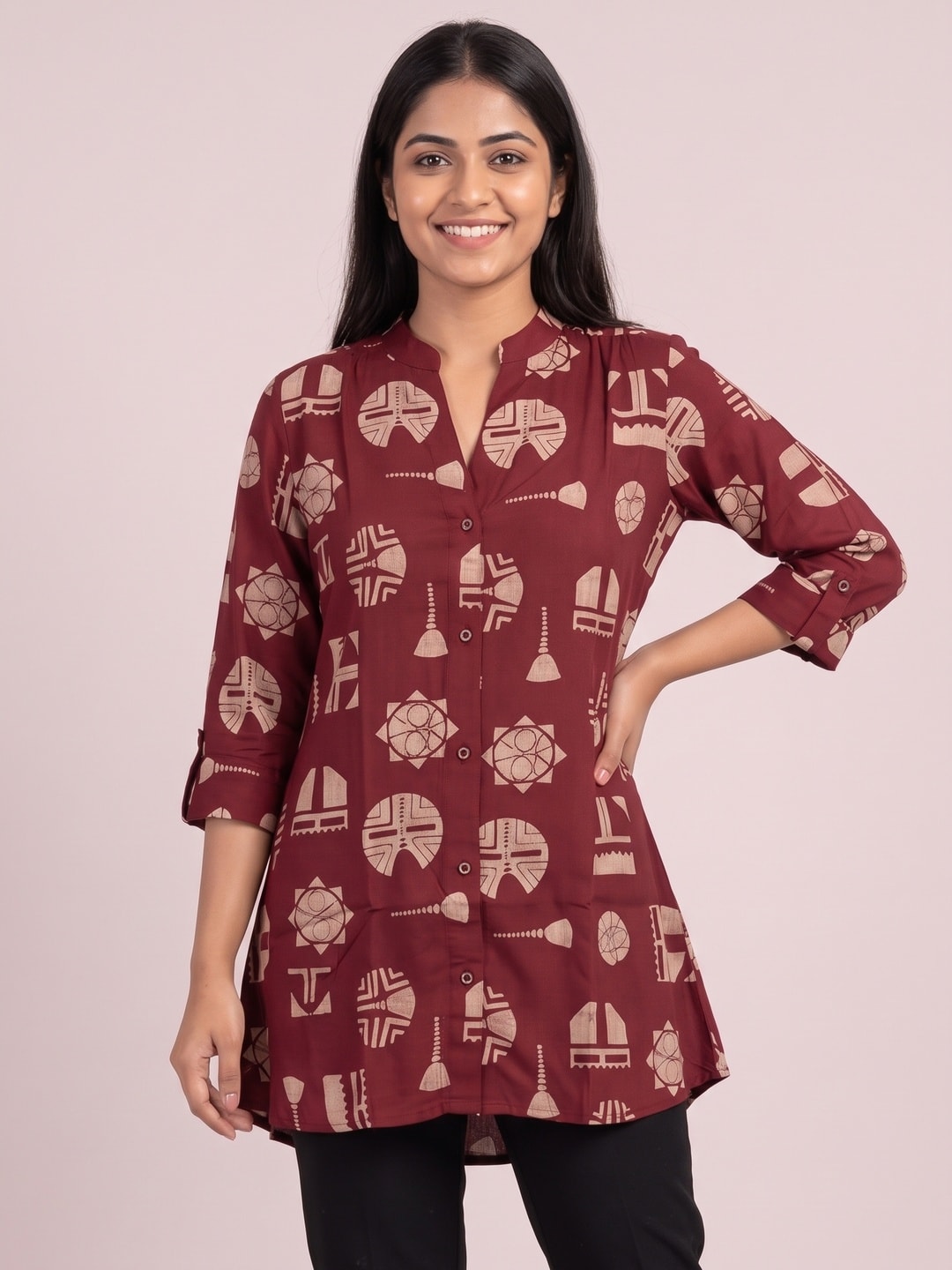 Designer Red Abstract Print Rayon A-Line Top with Modern Ethnic Look - Image 4