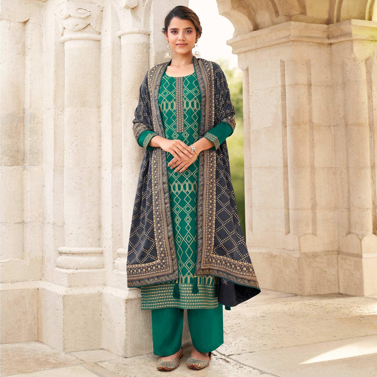Green Partywear Embroidered Georgette Partywear Suit - Image 5