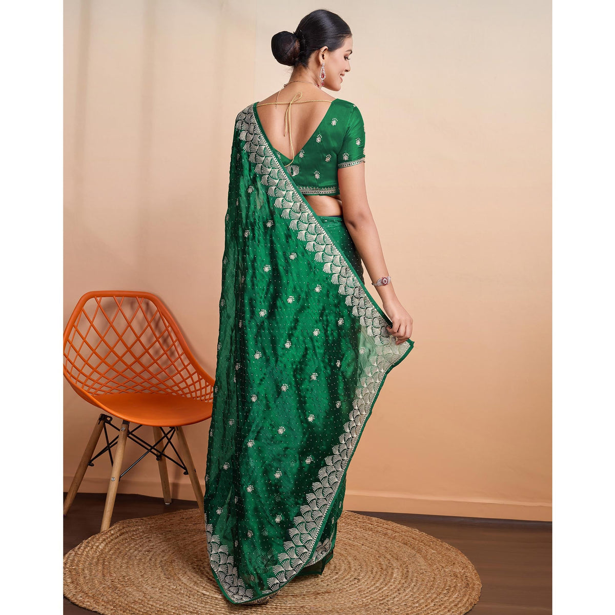 Green Embroidered Tussar Silk Saree - Image 2