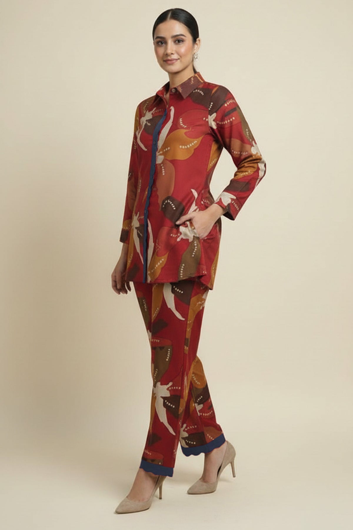 Red Stylish Floral Printed Viscose Shirt Top and Bottom Set for a Chic and Comfortable Look - Image 1