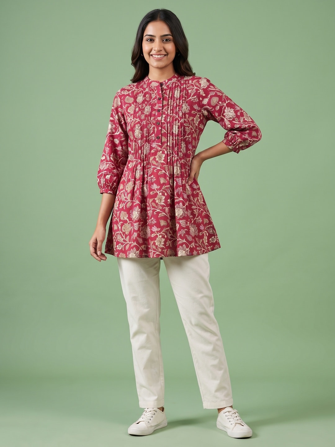 Soft Viscose Red Floral Printed A-Line Top for Comfortable Casual Wear - Image 1