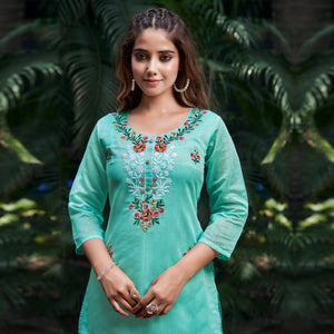 Sea Green Floral Embroidered Chanderi Salwar Suit - Image 2