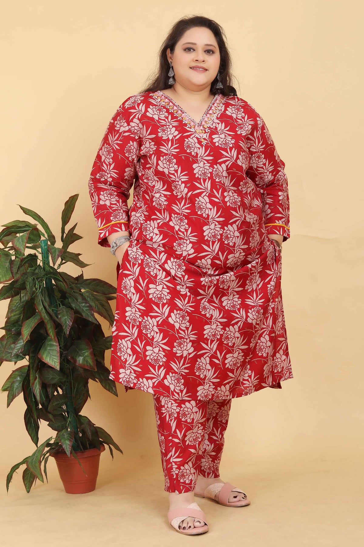 Red Floral Printed Viscose Straight Salwar Suit - Image 1