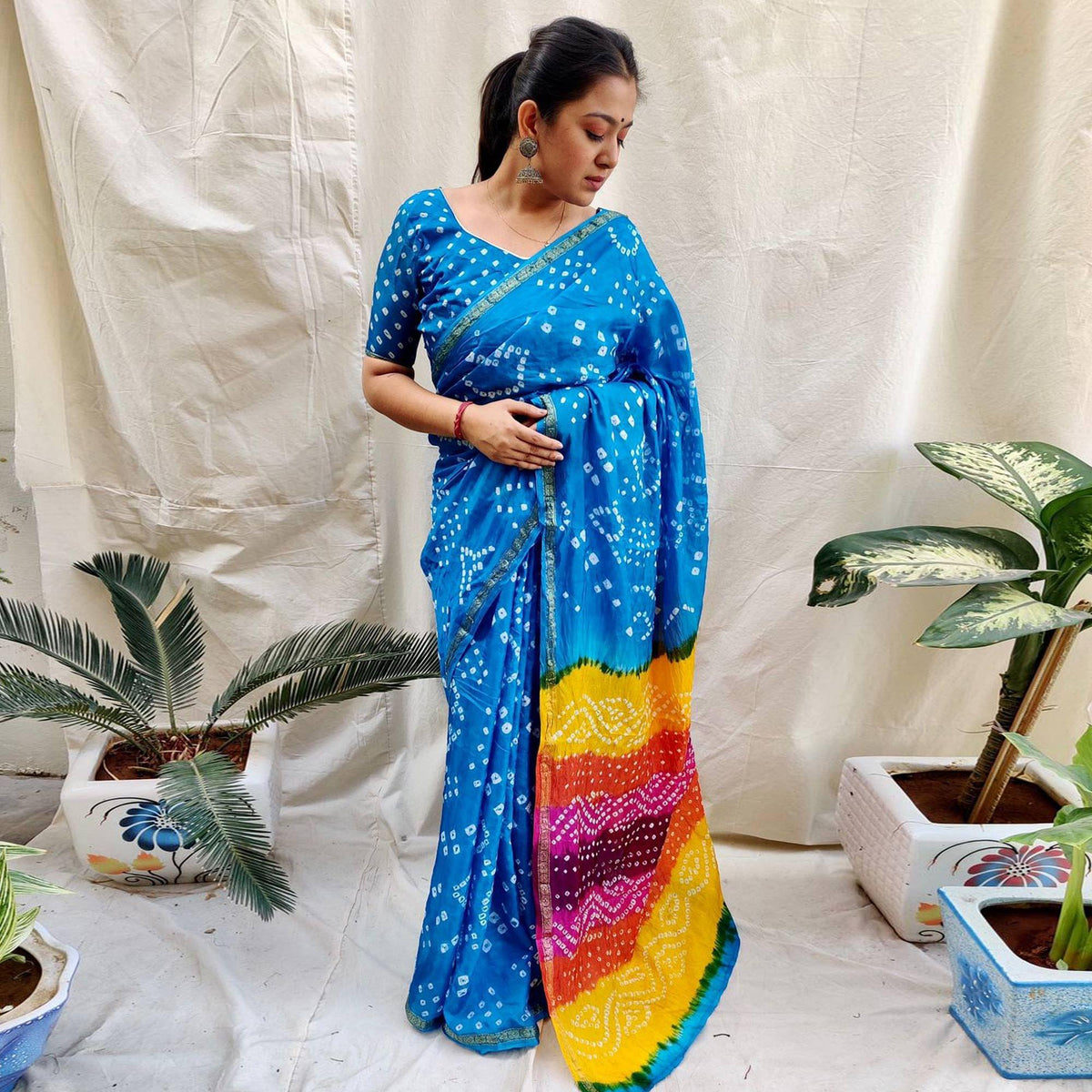 Blue Bandhani Printed Art Silk Saree - Image 2