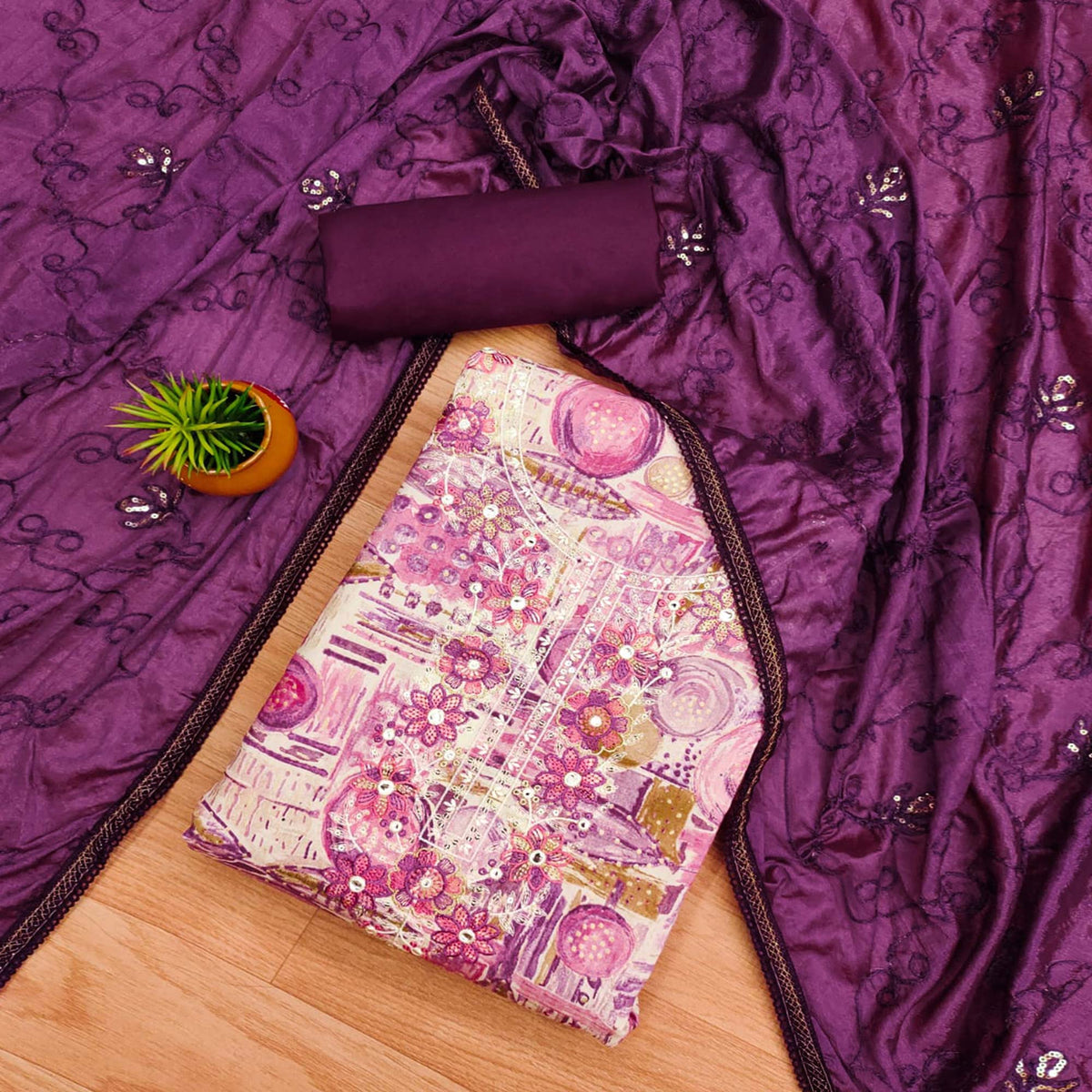 Magenta Foil Printed Pure Cotton Dress Material - Image 1