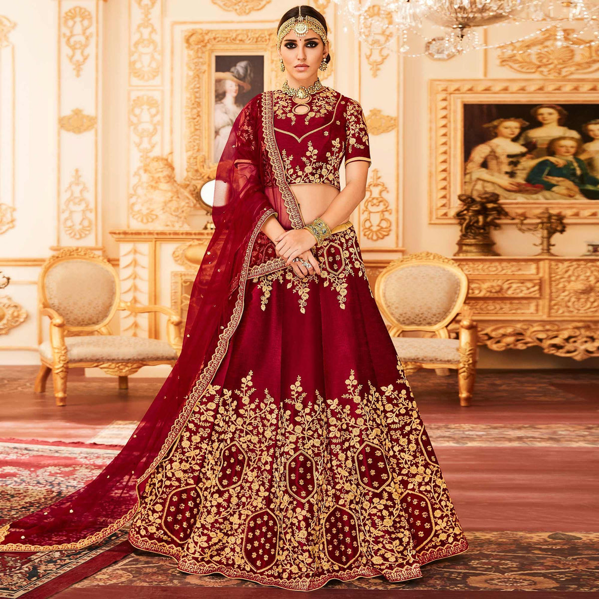 Maroon Embroidered Raw Silk Lehenga Choli - Image 1