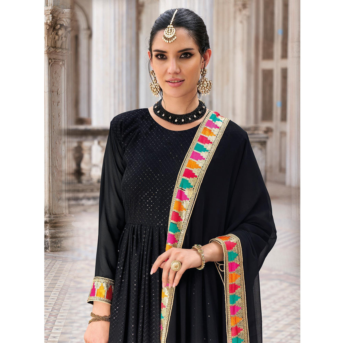 Black Sequins Embroidered Georgette Anarkali Suit - Image 7