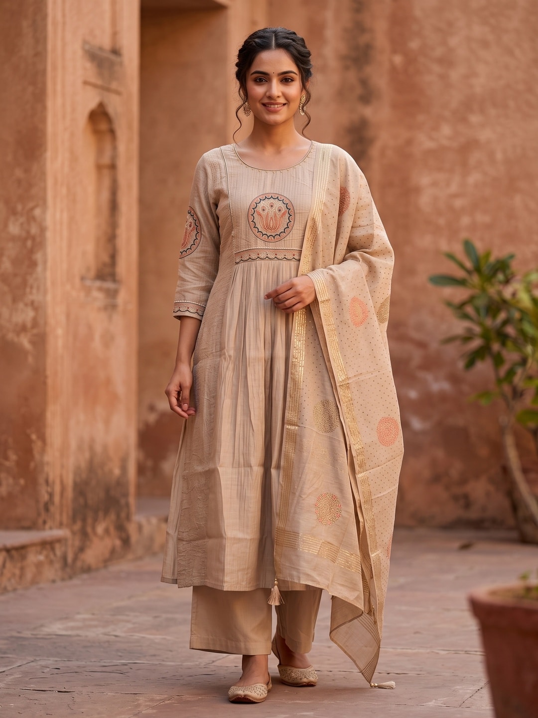 Peachmode Beige Chanderi Silk Salwar Suit With Lotus Medallion Yoke - Image 1