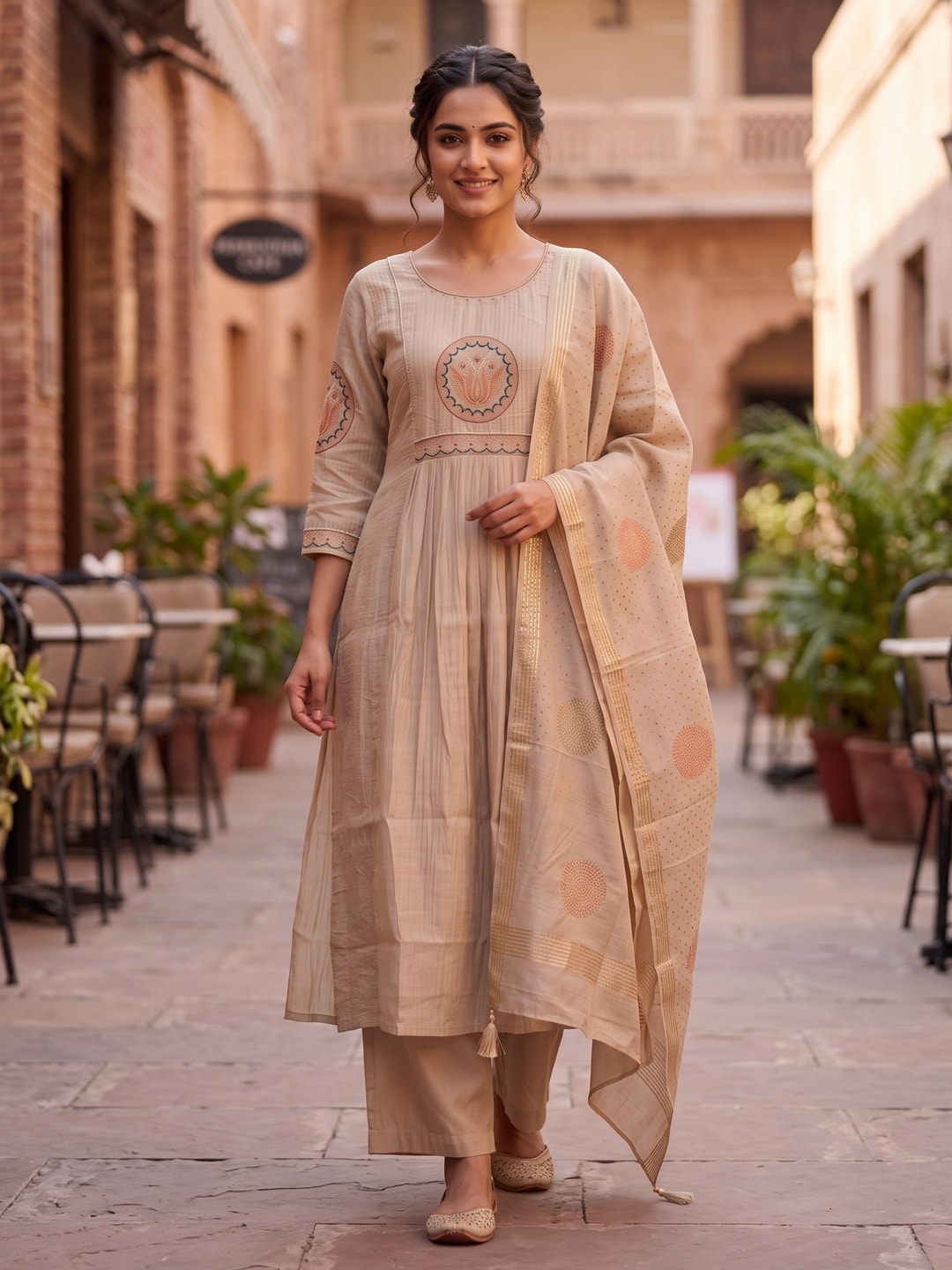 Peachmode Beige Chanderi Silk Salwar Suit With Lotus Medallion Yoke - Image 2
