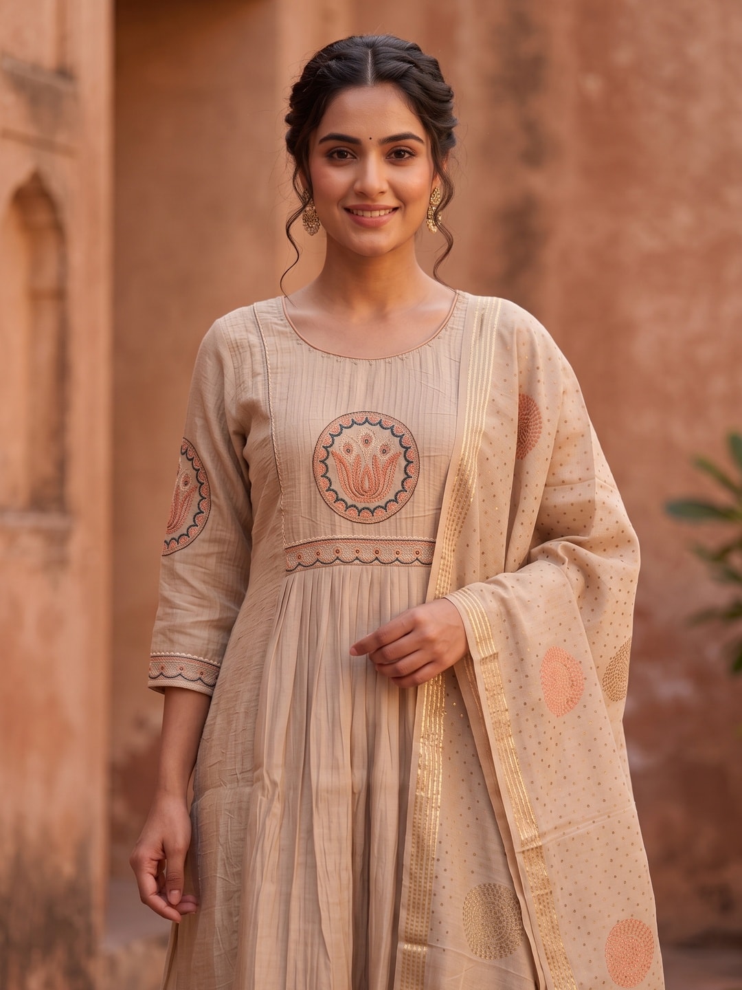 Peachmode Beige Chanderi Silk Salwar Suit With Lotus Medallion Yoke - Image 5