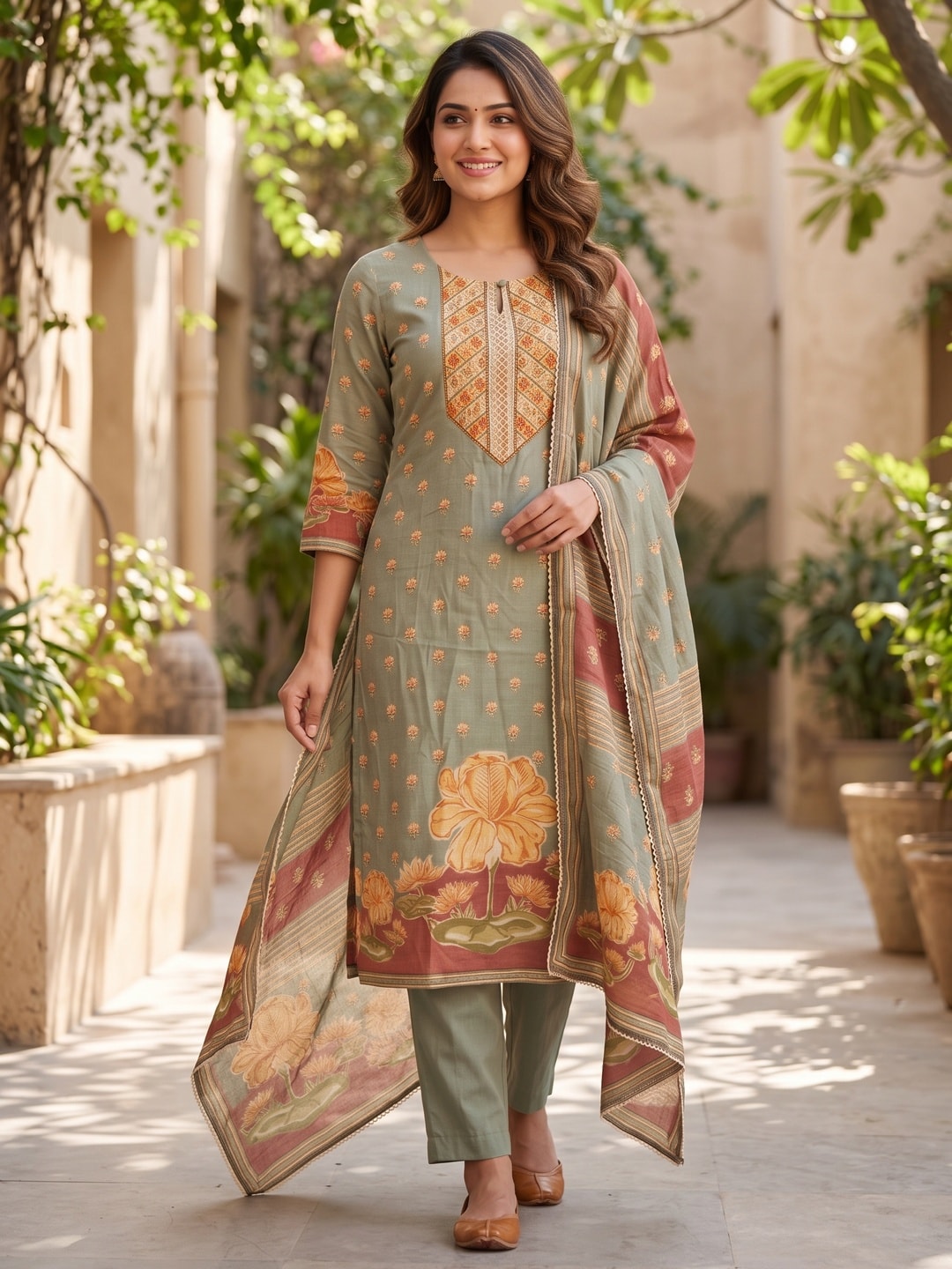 Peachmode Green Muslin Embroidered Yoke Salwar Suit - Image 2