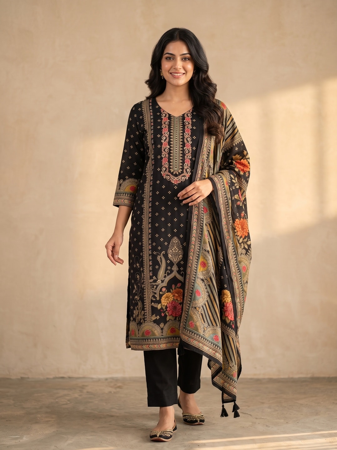 Peachmode Black Muslin Embroidered Neck Salwar Suit - Image 1