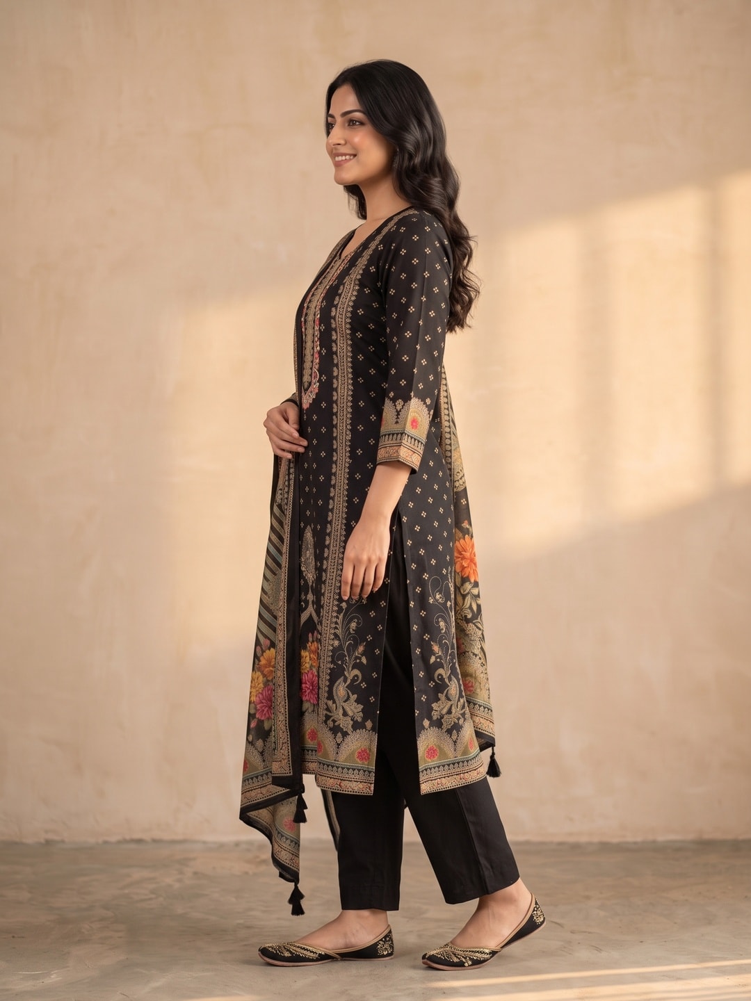 Peachmode Black Muslin Embroidered Neck Salwar Suit - Image 3