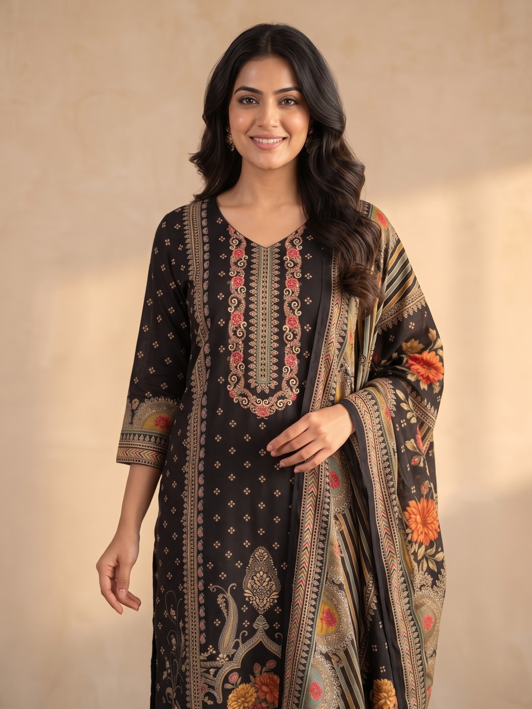Peachmode Black Muslin Embroidered Neck Salwar Suit - Image 5
