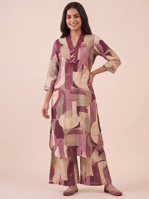 Peachmode Wine Rayon Abstract Printed Co-ord Set - Image 1