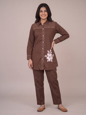 Peachmode Brown Pure Cotton Floral Embroidered Co-ord Set - Image 1