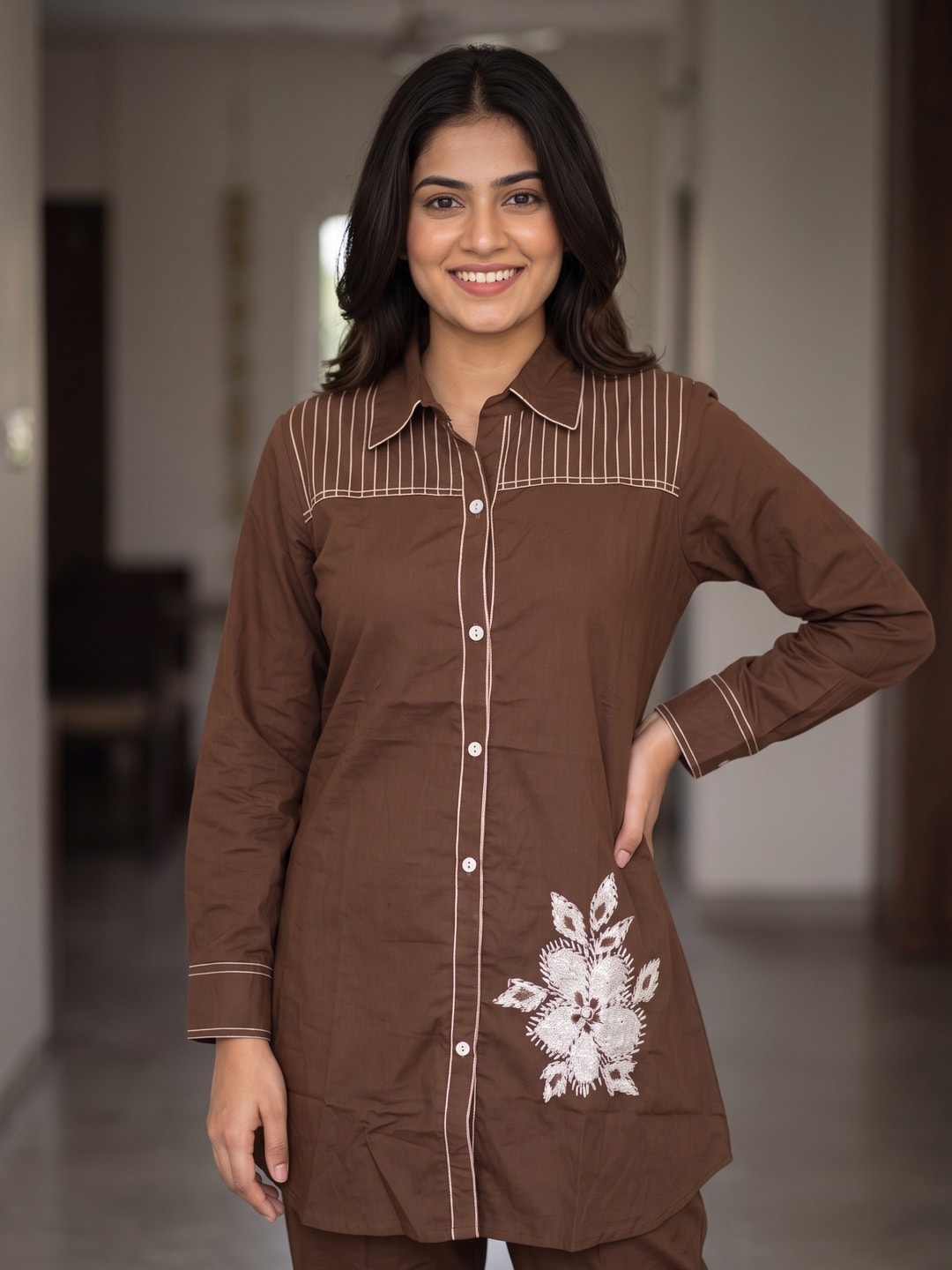 Peachmode Brown Pure Cotton Floral Embroidered Co-ord Set - Image 5