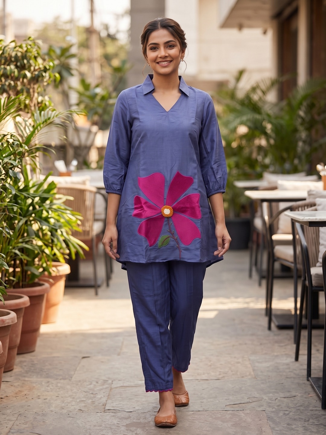 Peachmode Navy Blue Chanderi Blend Floral Embroidered Co-ord Set - Image 2