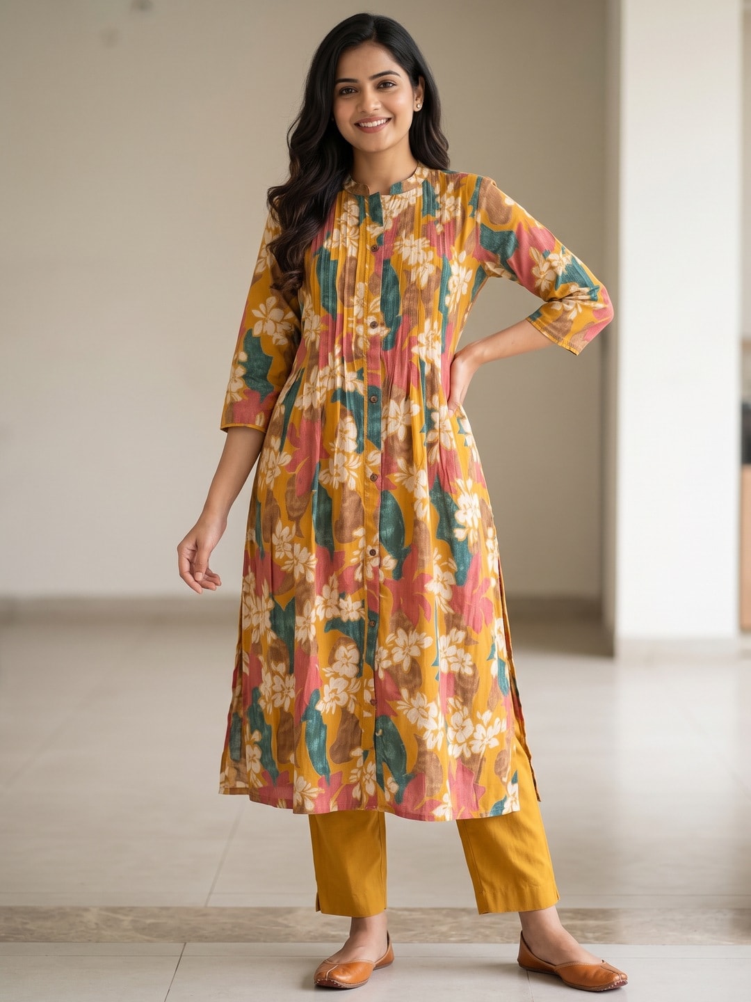 Yellow Floral Printed Pleated Silk Chiffon A-Line Top–Bottom Set for Refined Styling - Image 1