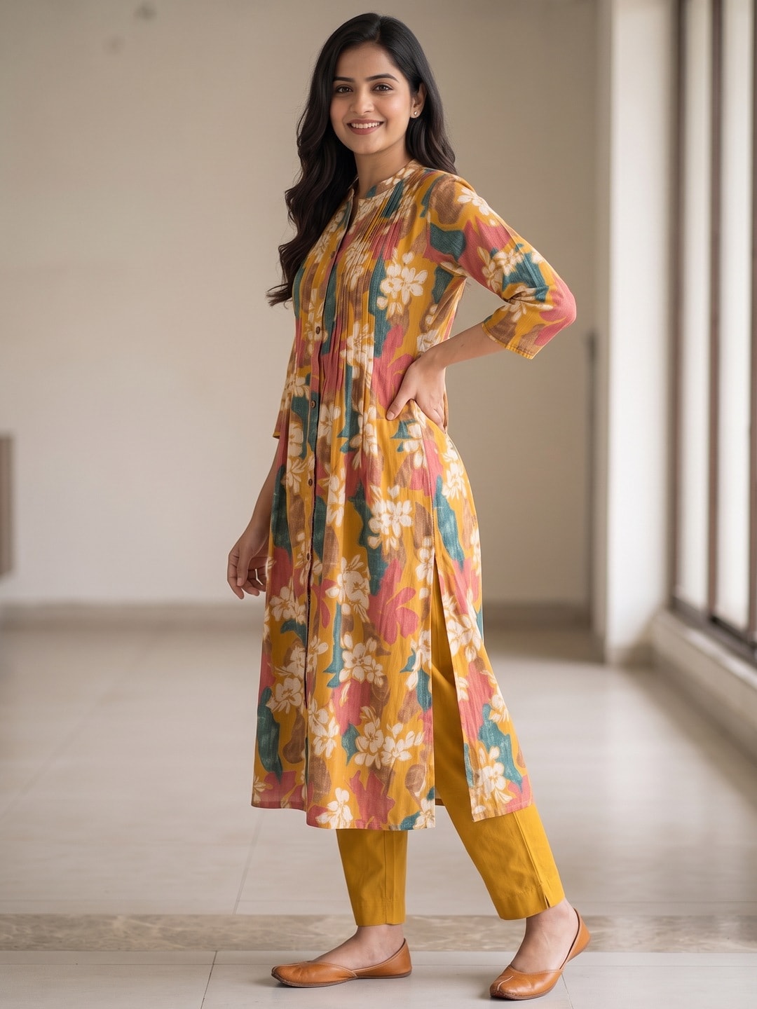 Yellow Floral Printed Pleated Silk Chiffon A-Line Top–Bottom Set for Refined Styling - Image 3