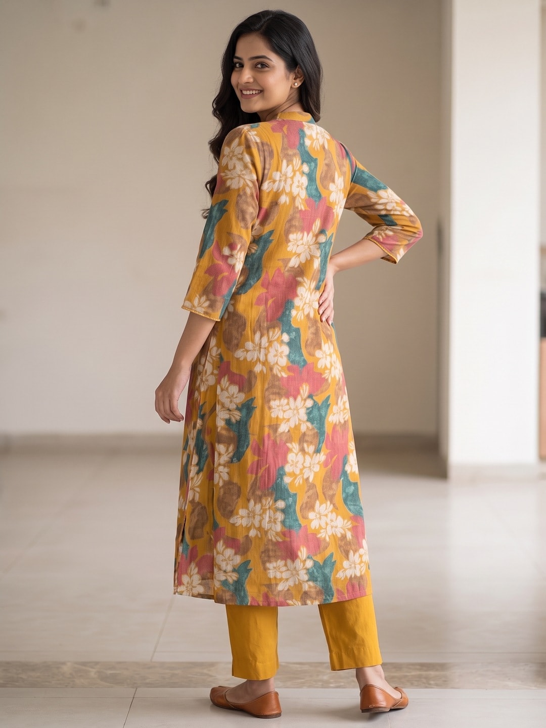 Yellow Floral Printed Pleated Silk Chiffon A-Line Top–Bottom Set for Refined Styling - Image 4