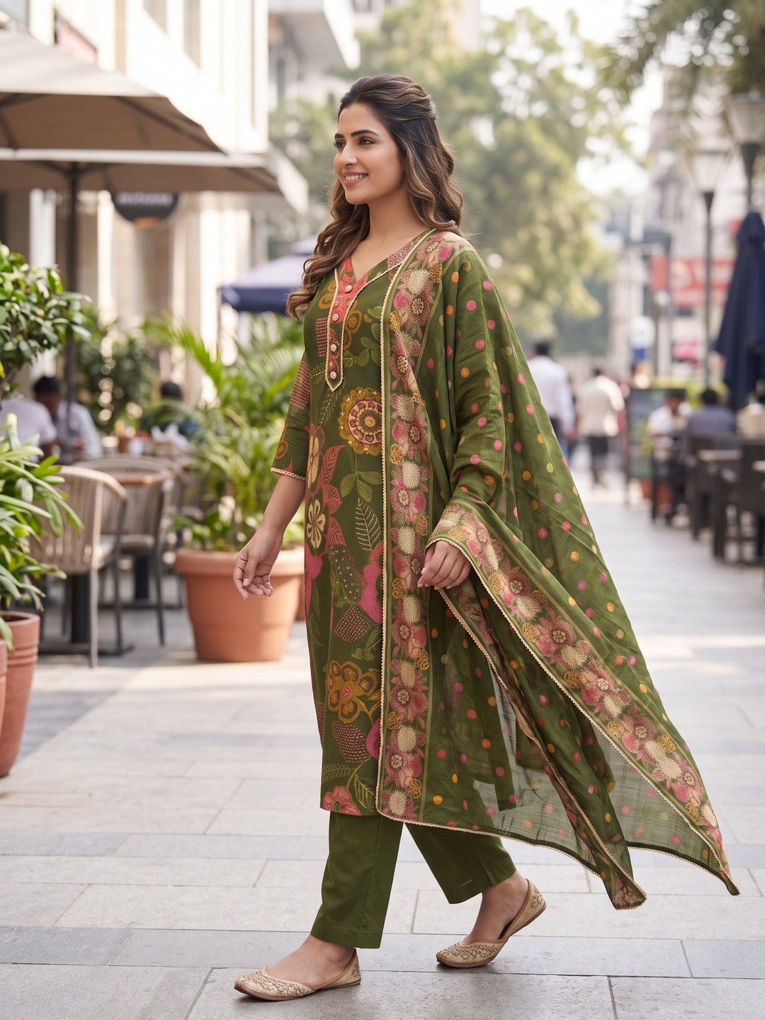 Peachmode Green Chanderi Silk Floral Print Salwar Suit - Image 3