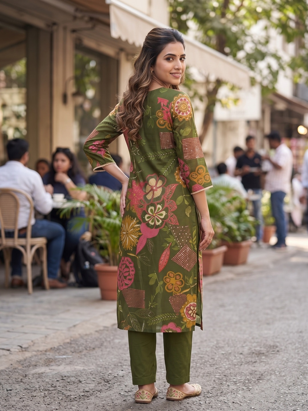 Peachmode Green Chanderi Silk Floral Print Salwar Suit - Image 4