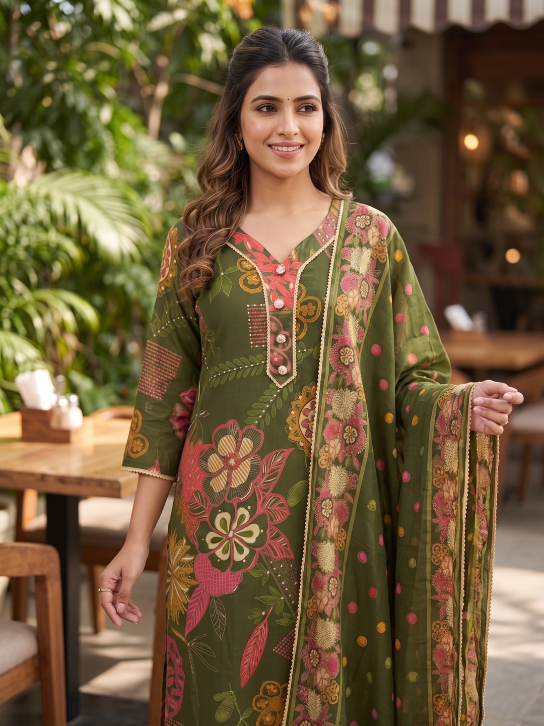 Peachmode Green Chanderi Silk Floral Print Salwar Suit - Image 5