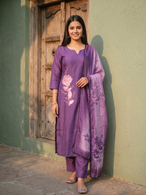 Peachmode Purple Chanderi Floral Printed Salwar Suit - Image 1