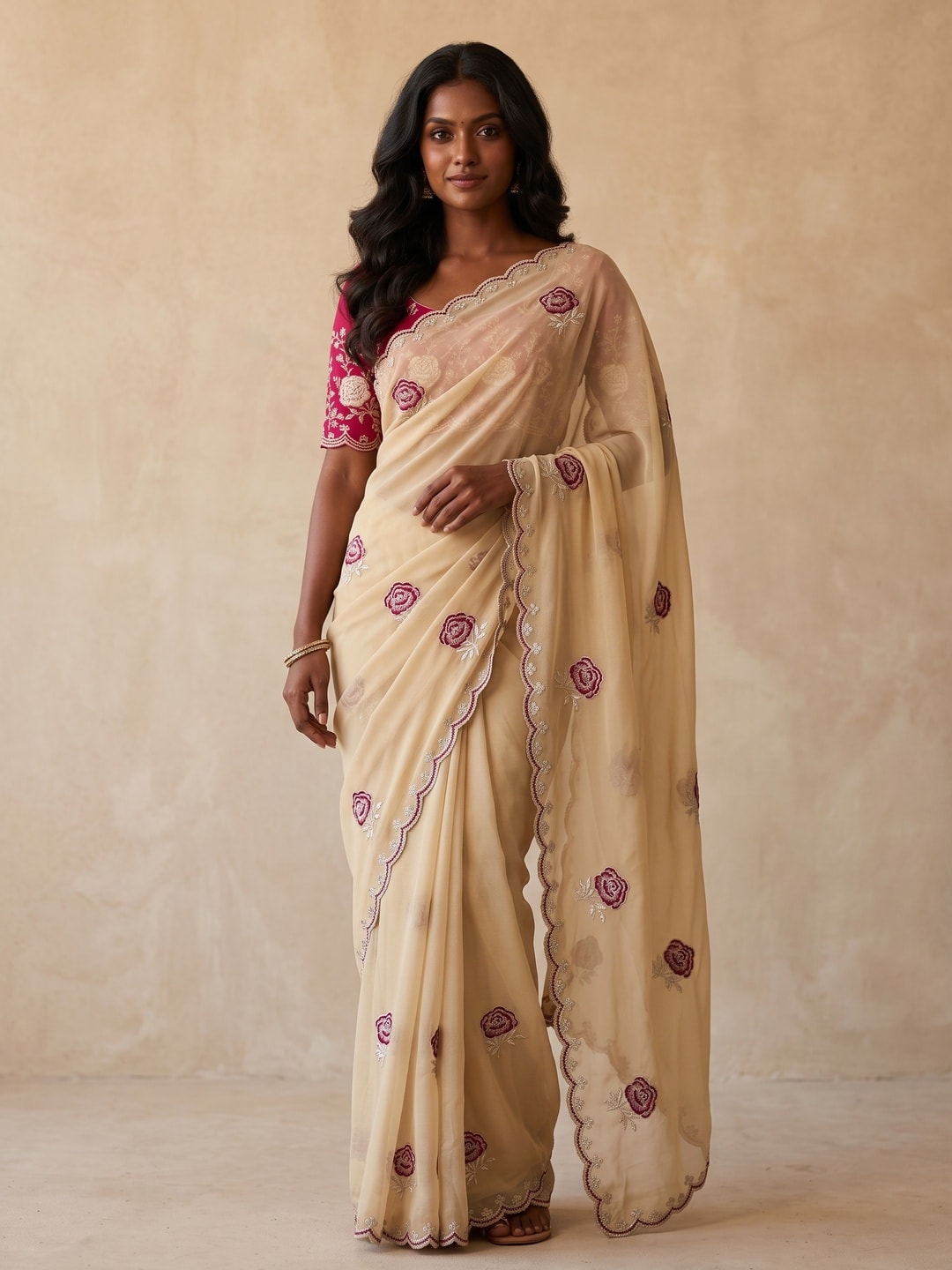 Peachmode Beige Star Georgette Saree With Floral Multi Work And Cut Border - Image 1