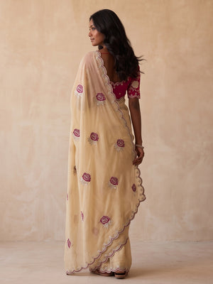 Peachmode Beige Star Georgette Saree With Floral Multi Work And Cut Border - Image 2