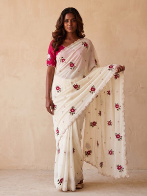 Peachmode Off White Star Georgette Saree With Floral Multi Work And Cut Border - Image 1
