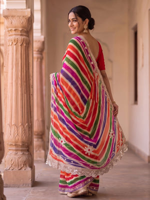 Peachmode Multicolor Georgette Leheriya Saree With Gota Hand Work And Sequin Lace Border - Image 2
